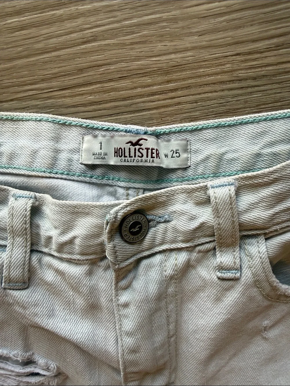 HOLLISTER Light Blue Wash Distressed Denim High Waisted Raw Hem Jean Short
